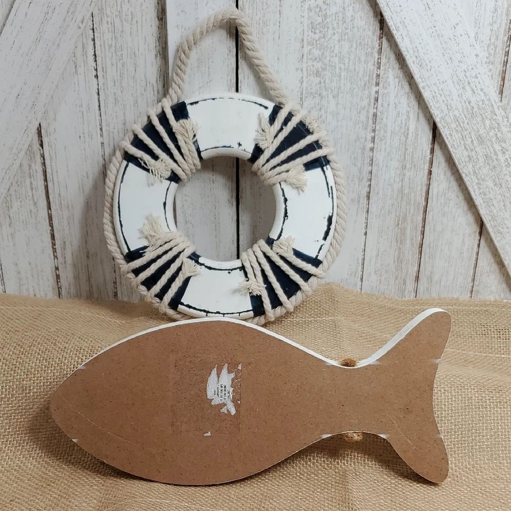 Wood Life Preserver Wall Decor Nautical Beach Coastal Wall Hanging & Wood Fish